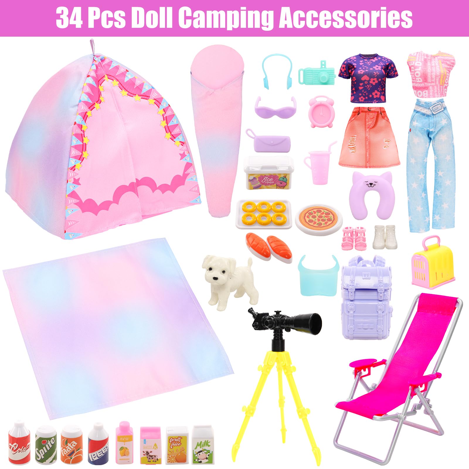 34 PCS Puppen-Reise-Camping-Zelt-Spielset für 11,5 Zoll Mädchenpuppen, Beinhaltet Kleidung, Zelt, Teleskop, Rucksack, Schlafsack und anderes Campingzubehör für Puppen-Reise-Camping-Spielset