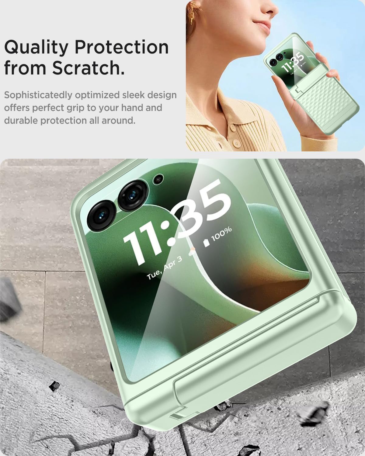 Miimall Ultra-Thin Razr Ultra 2025 Case with Screen Protector & Hinge Protection, [Adjustable Kickstand][Military Grade Drop Protection] Non-Slip Matte Hard Phone Cases for Moto Razr 60 Ultra, Mint