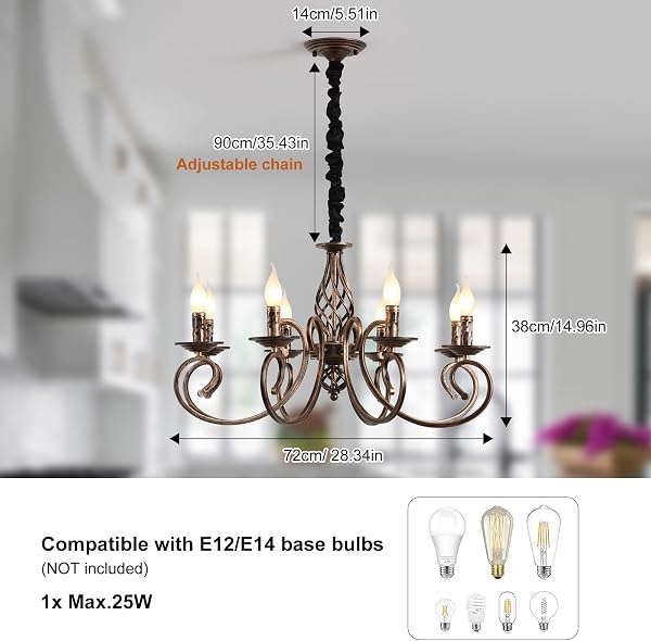 Ganeed Rustic Chandeliers French Country Candles Vintage Iron Pendant Light for Farmhouse Kitchen Island Dining Room Bedroom Bronze 8 Lights - 3