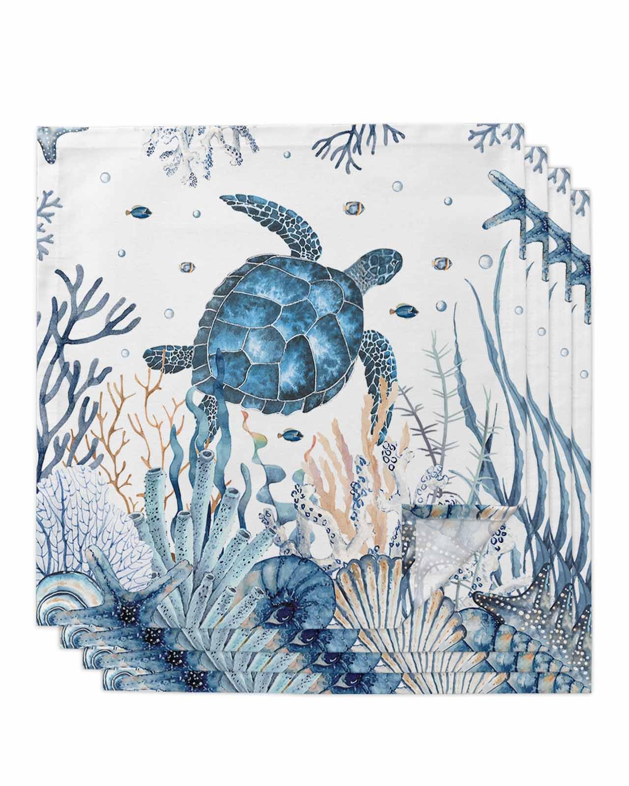 Watercolor Sea Turtle Cloth Napkins Set of 4,Washable Dinner Napkins Reusable Table Napkins for Home Party Weeding Dining Table Setting Decoration, Oversized 20