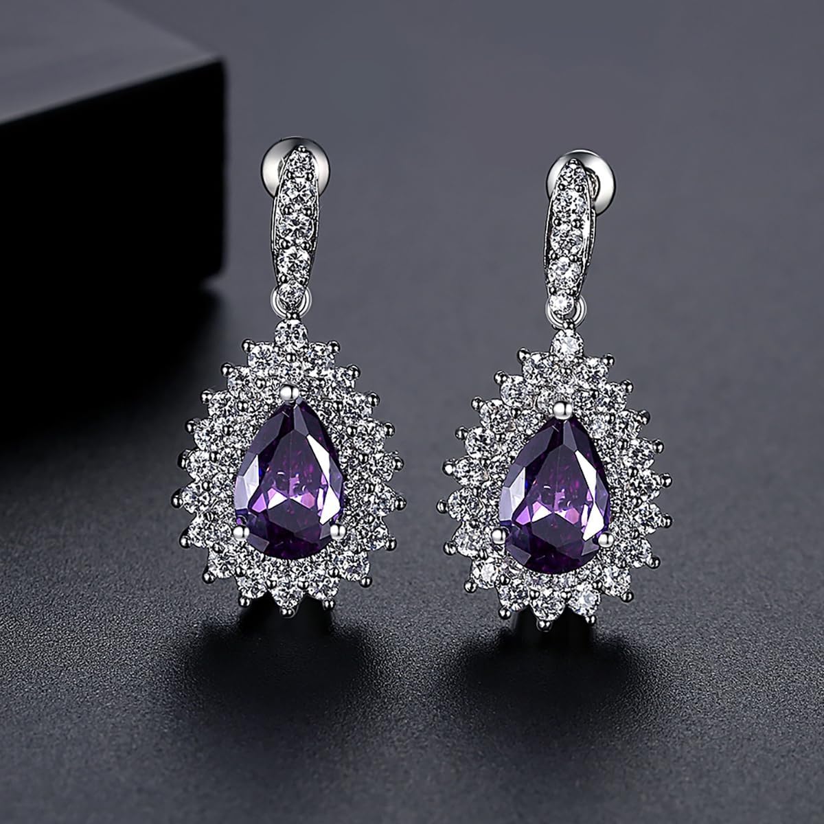 14K Gold Vintage Teardrop Amethyst Moissanite Drop Earrings, February Birthstone Earrings for Women