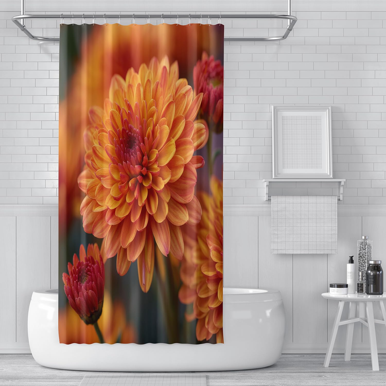 Cortina de Ducha con Estampado de Flores Anaranjadas,Estilo Bohemio,Estilo Granja,con Ganchos de Plástico,Fácil de Instalar y Lavable a Máquina,Para Decoración de Bañeras,240Anx200Alcm (1 Panel)