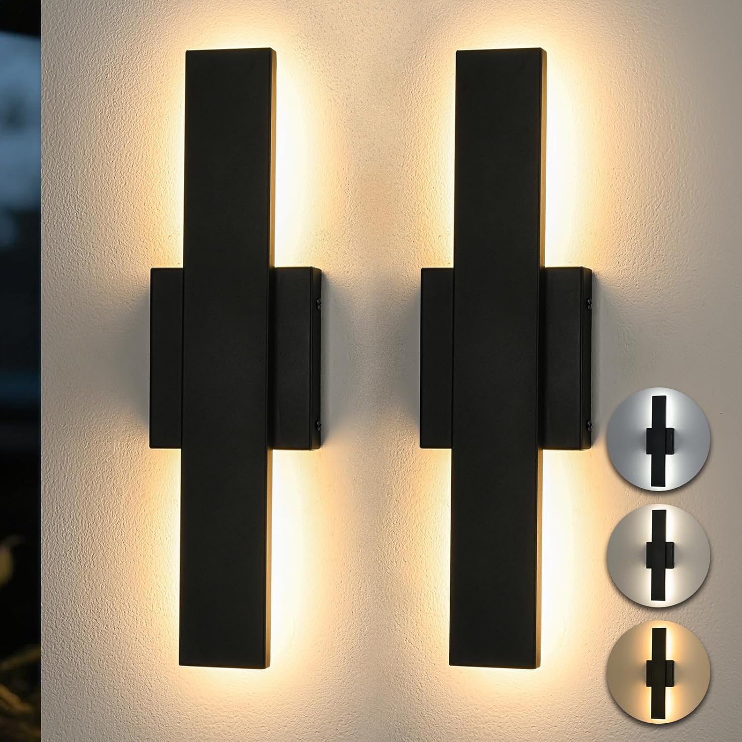 Outdoor Modern LED Wall Light, Linear Exterior Sconce, Waterproof Porch Light with Remote,3000K 4000K 5000K Dimmable Outdoor Lighting for Garage Door, Patio, Black (15.7"(2 Pack))