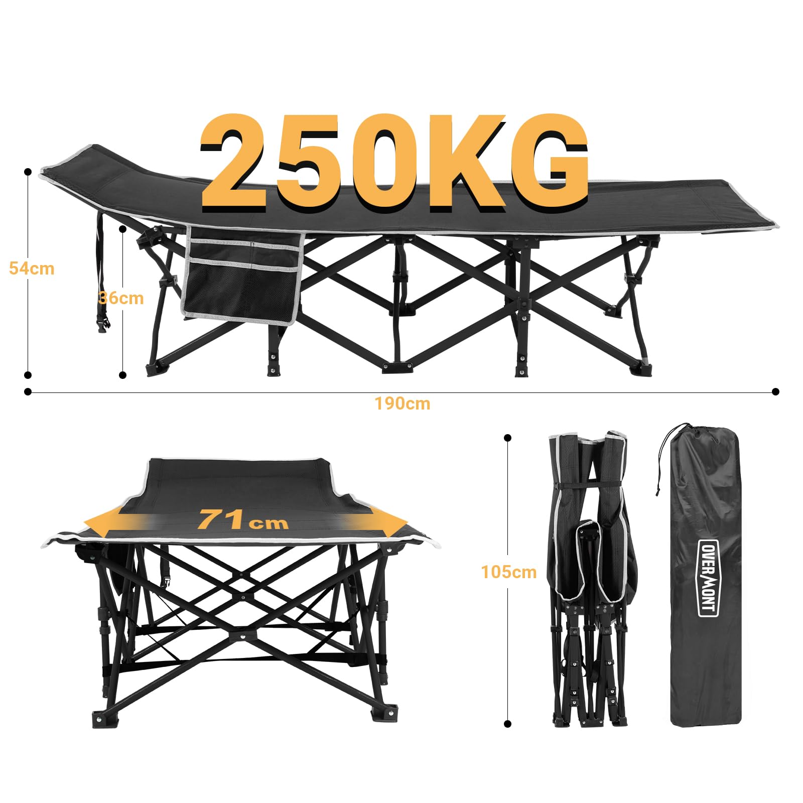 OVERMONT Cama de camping plegable extra ancha, 75 x 28 pulgadas, tela Oxford 2400D, 550 libras de capacidad