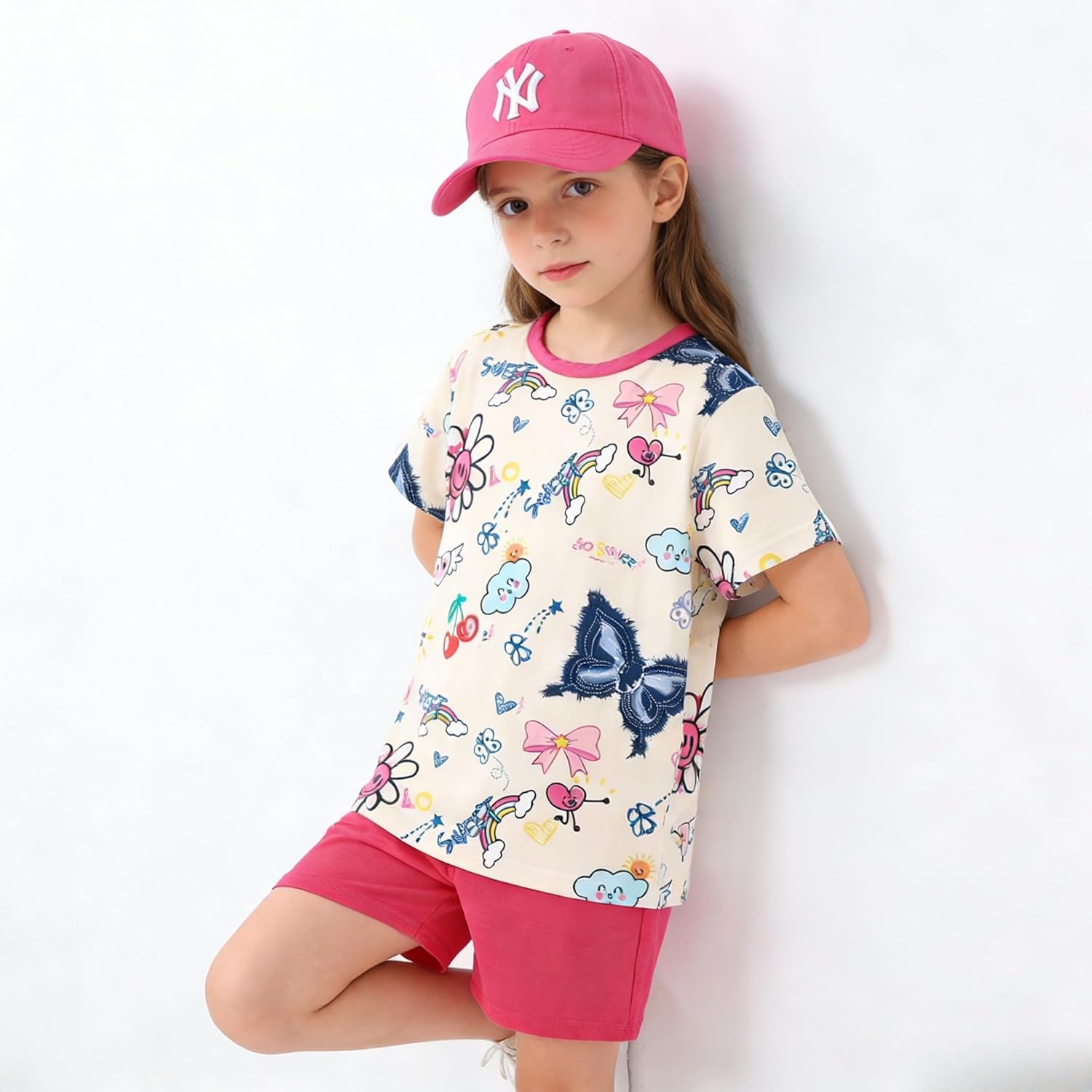 Tween Girl Multi-element Printed T-Shirt Casual Shorts 2PC Summer Outfit Set - Image 3