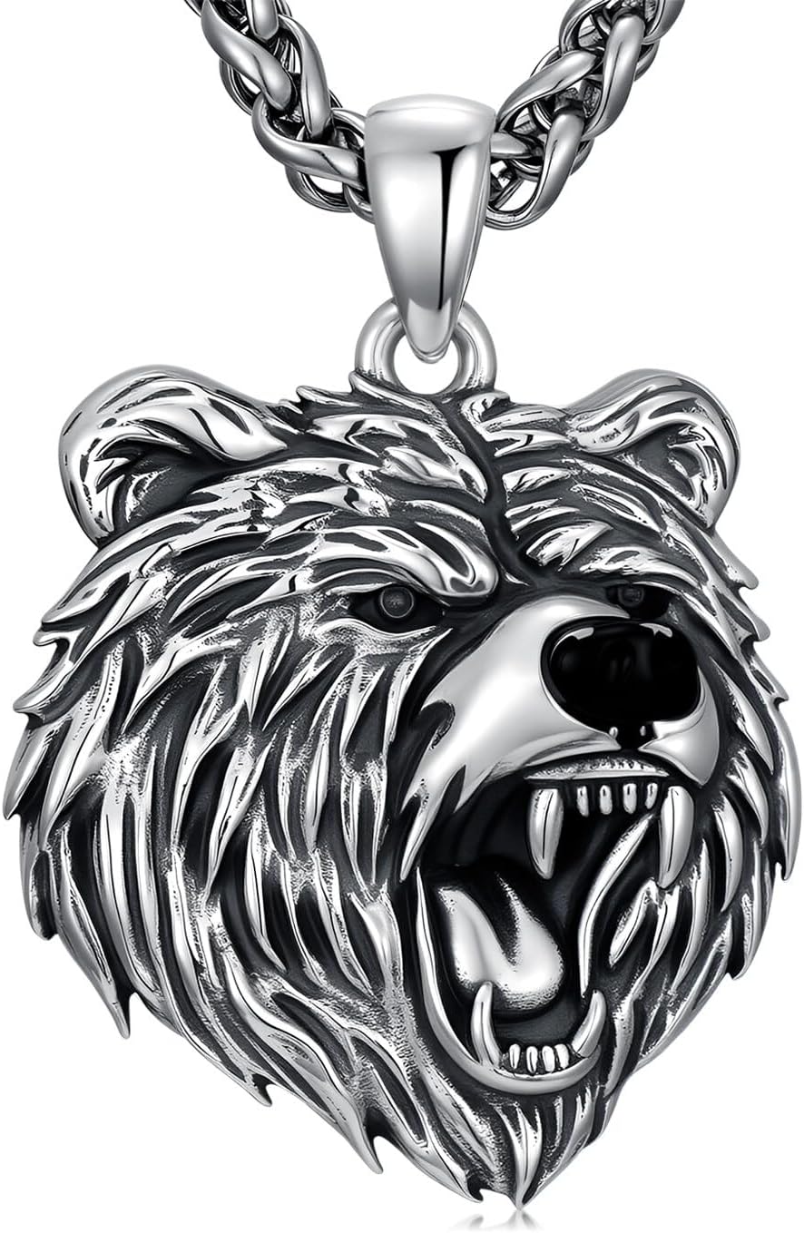 Bear Necklace 925 Sterling Silver Cool Viking Bear Head Pendant Necklaces Jewelry for Men, w/Stainless Steel Chain 22'' + 2''