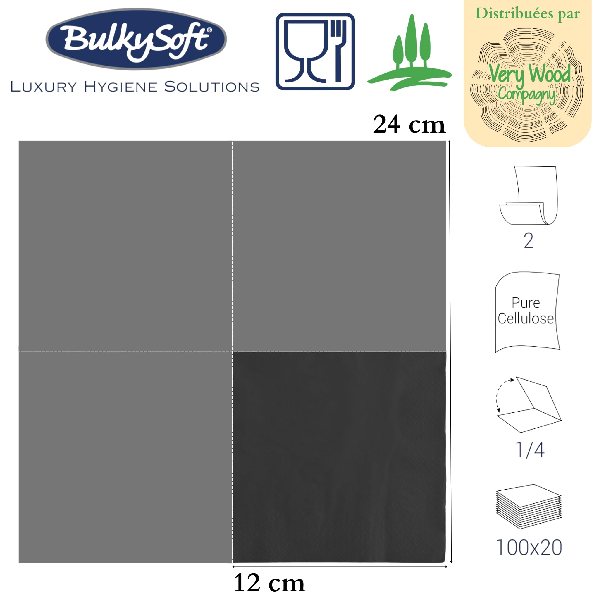 Lot de 2000 Serviette papier cocktail noir 24 x 24, Serviettes papier jetables 2 plis très Solides et Douces, Serviettes pour Bar, Serviette noir jetable