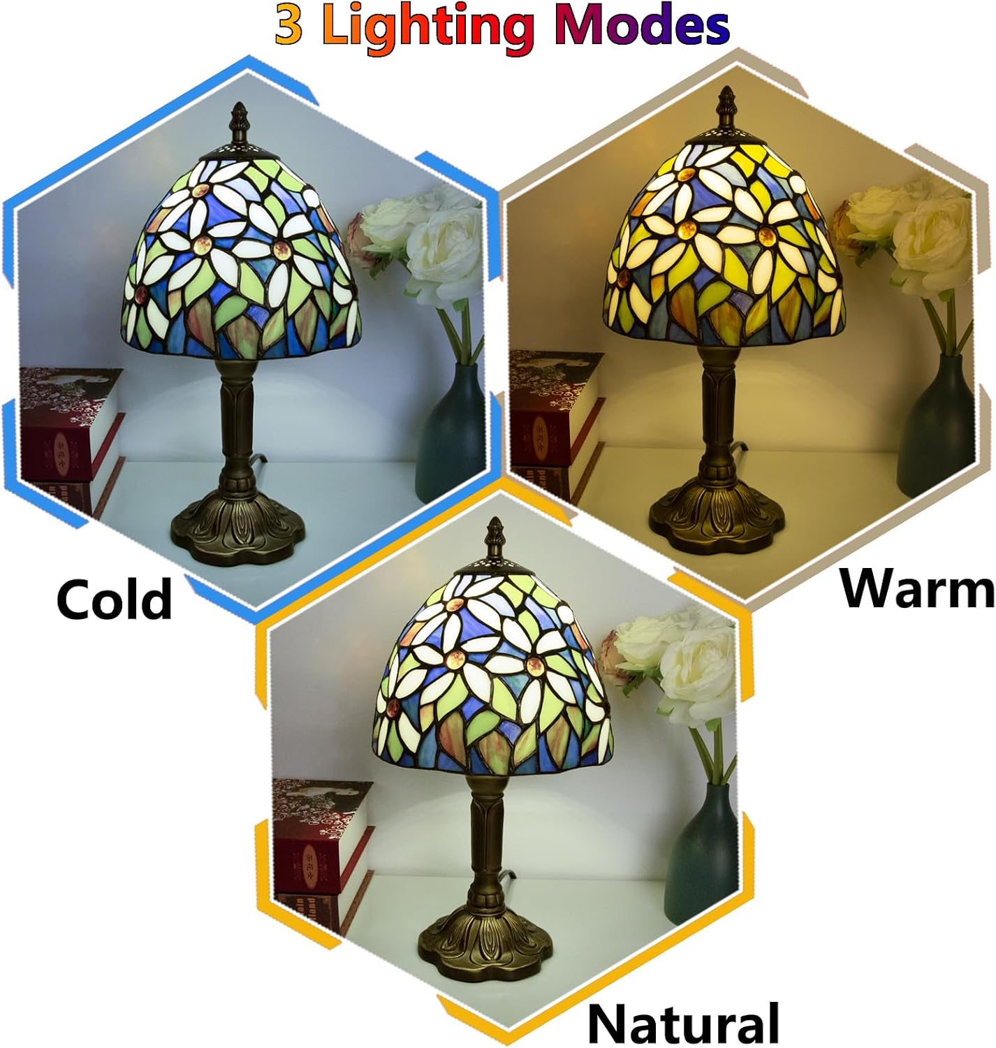 Tiffany Style Table Lamp, 3 Color Temperatures Bedside Lamp, 8 Inch Stained Glass Desk Light for Home Office Bedroom Living Room (White Petal Pattern)