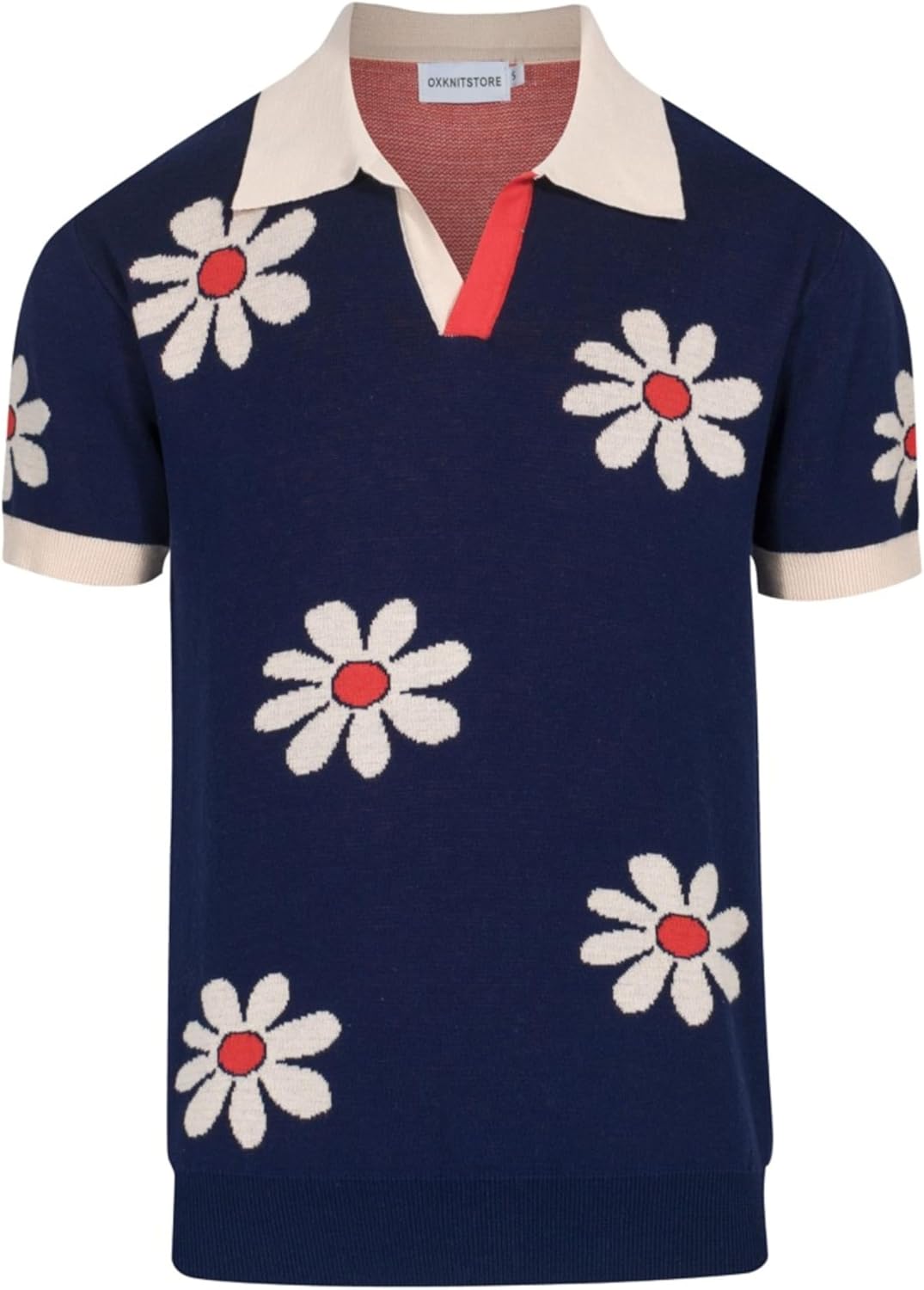 OXKNIT Men's Polo Shirts Retro Knitted V Neck Short Sleeve Navy Summer Shirt with Flower Design