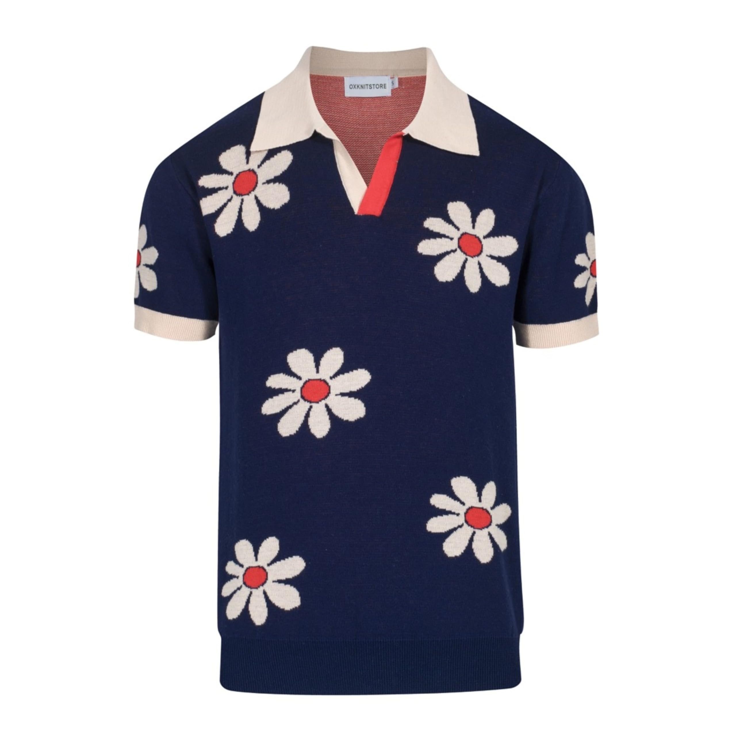 OXKnit Herren Poloshirt Kurzarm Dunkelblau Gestrickte Polohemd Blume Muster Casual Summer Golf Shirts