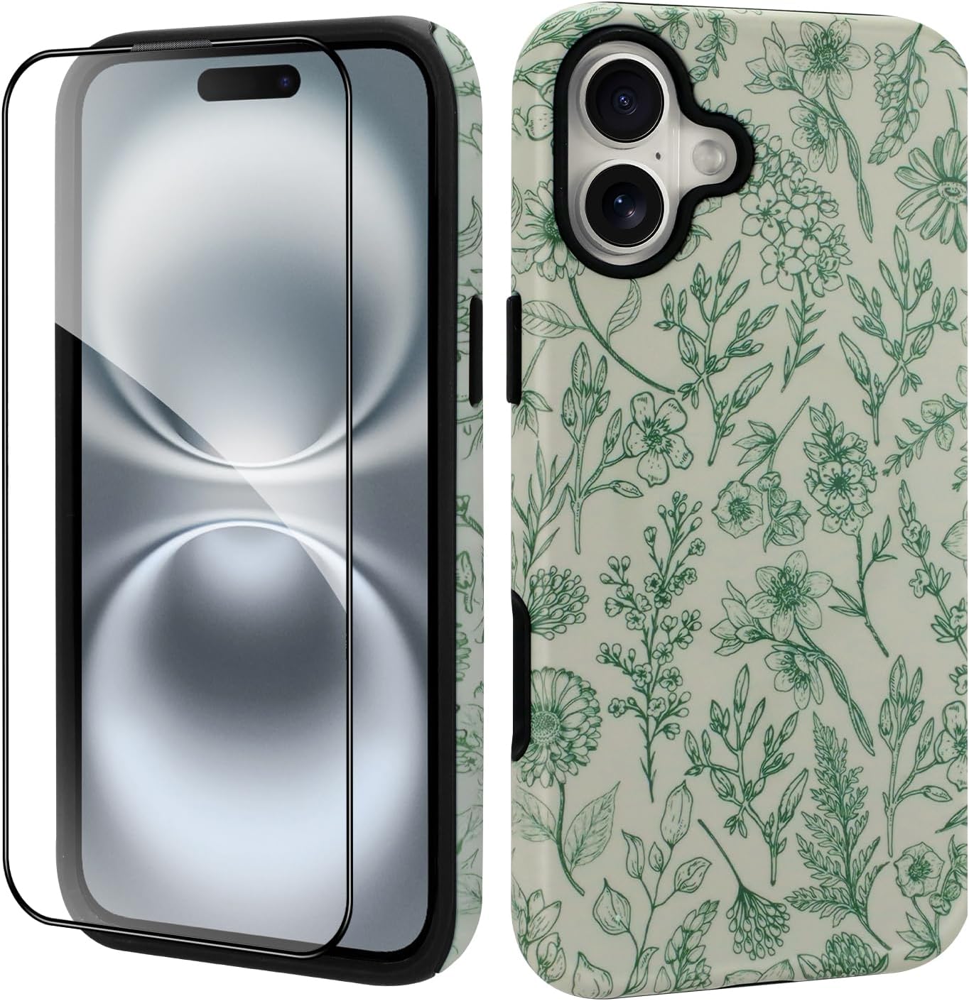SOKAD Magnetic Sage Floral Phone Case for iPhone 16, Vintage Green Flower Pattern Compatible with Magsafe Matte Protective Case Cover with Screen Protector for Girls Women - Image 2