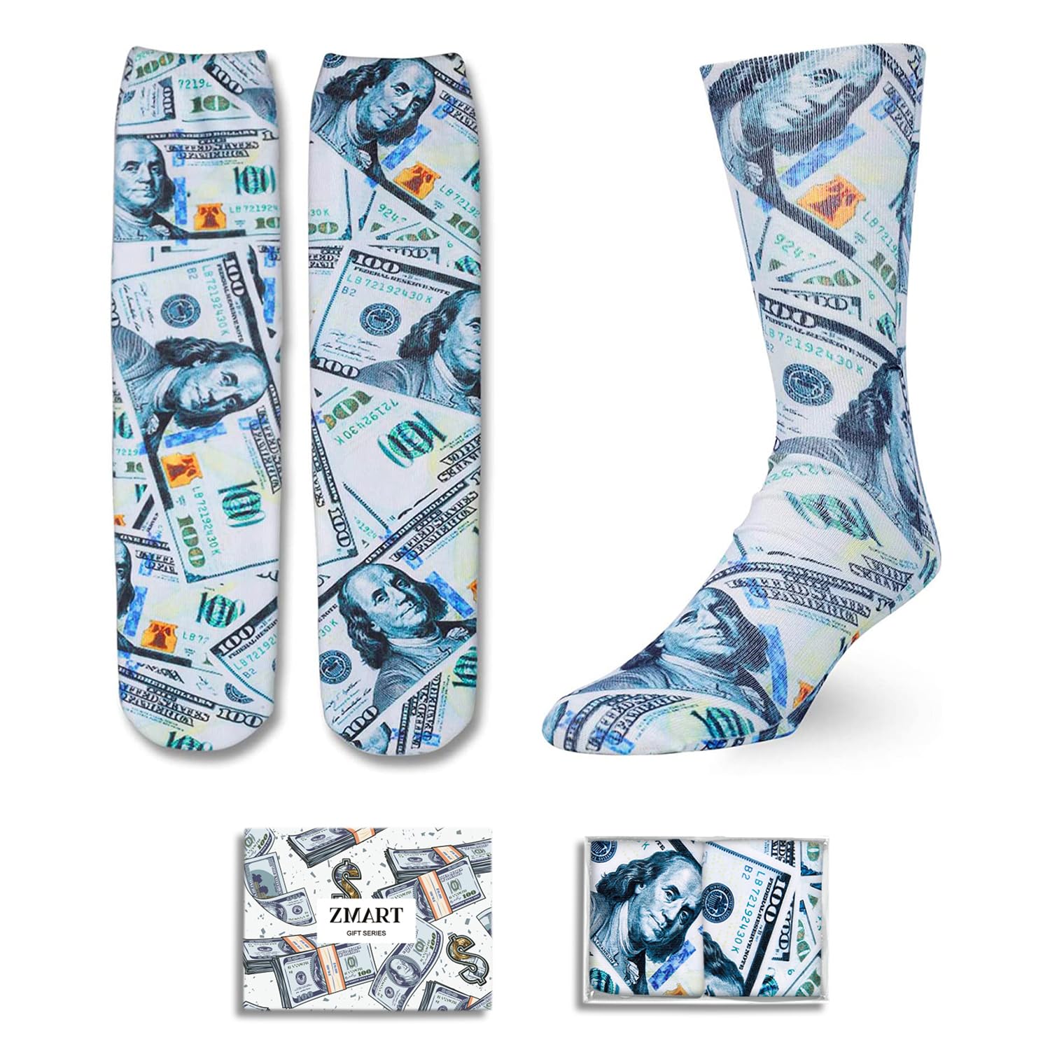 Zmart Mens Cool 3D Print Funny Crazy Athletic Sport Crew Tube Dollar Socks