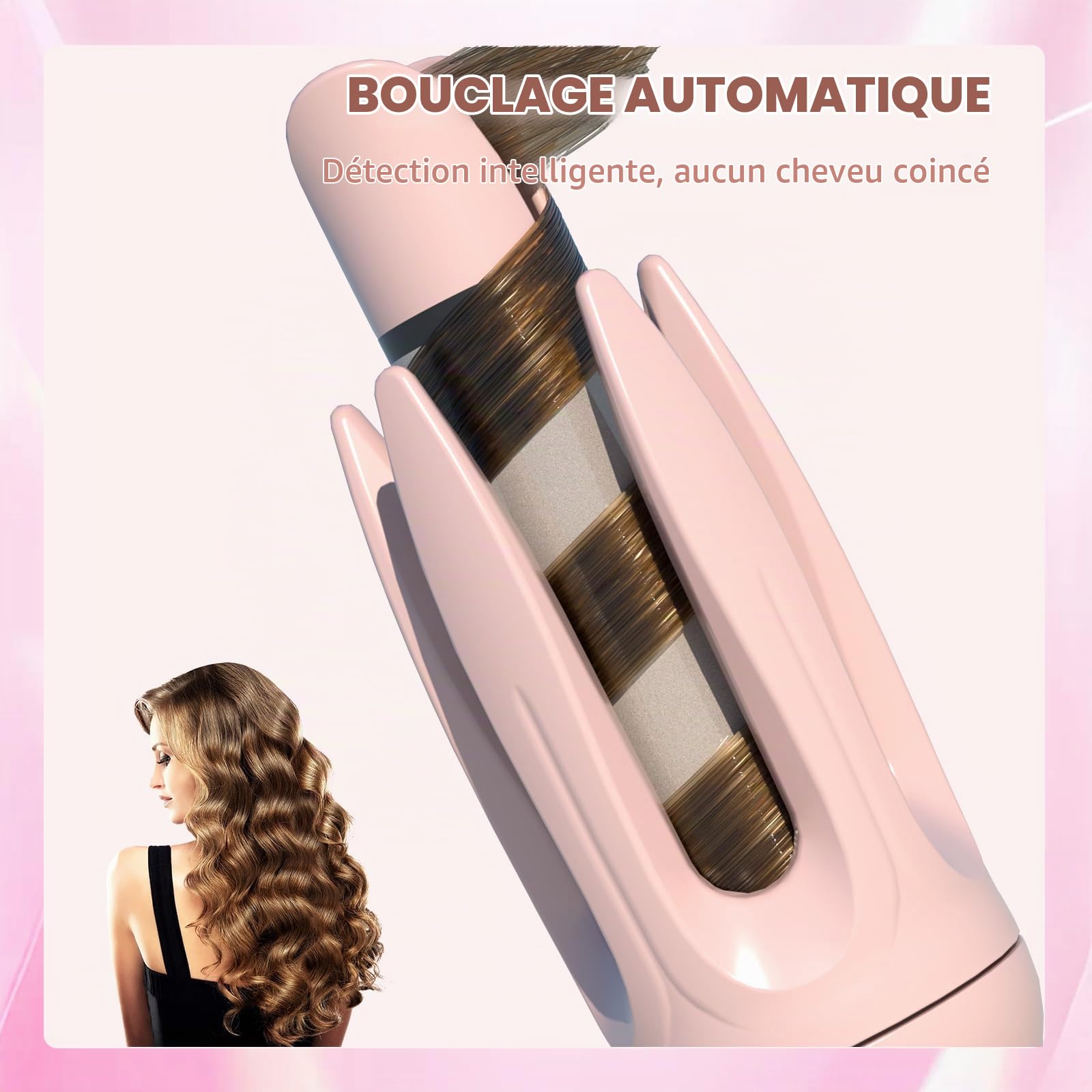 Fer à Friser Automatique, Boucleur à Cheveux avec 4 Température Réglable, Anti-brûlure, Rotatif à 360° Fer a Boucler pour Coiffure, Rose