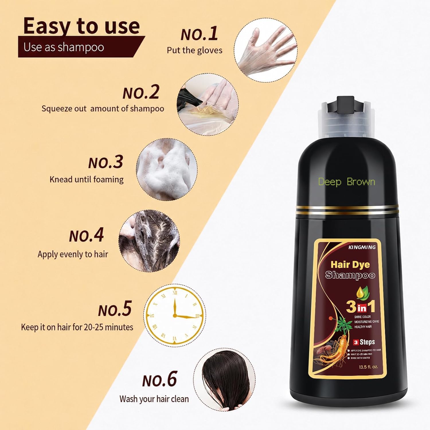 KINGMING Deep Brown Hair Dye Shampoo 3 in 1 for Gray Hair Coverage image 5