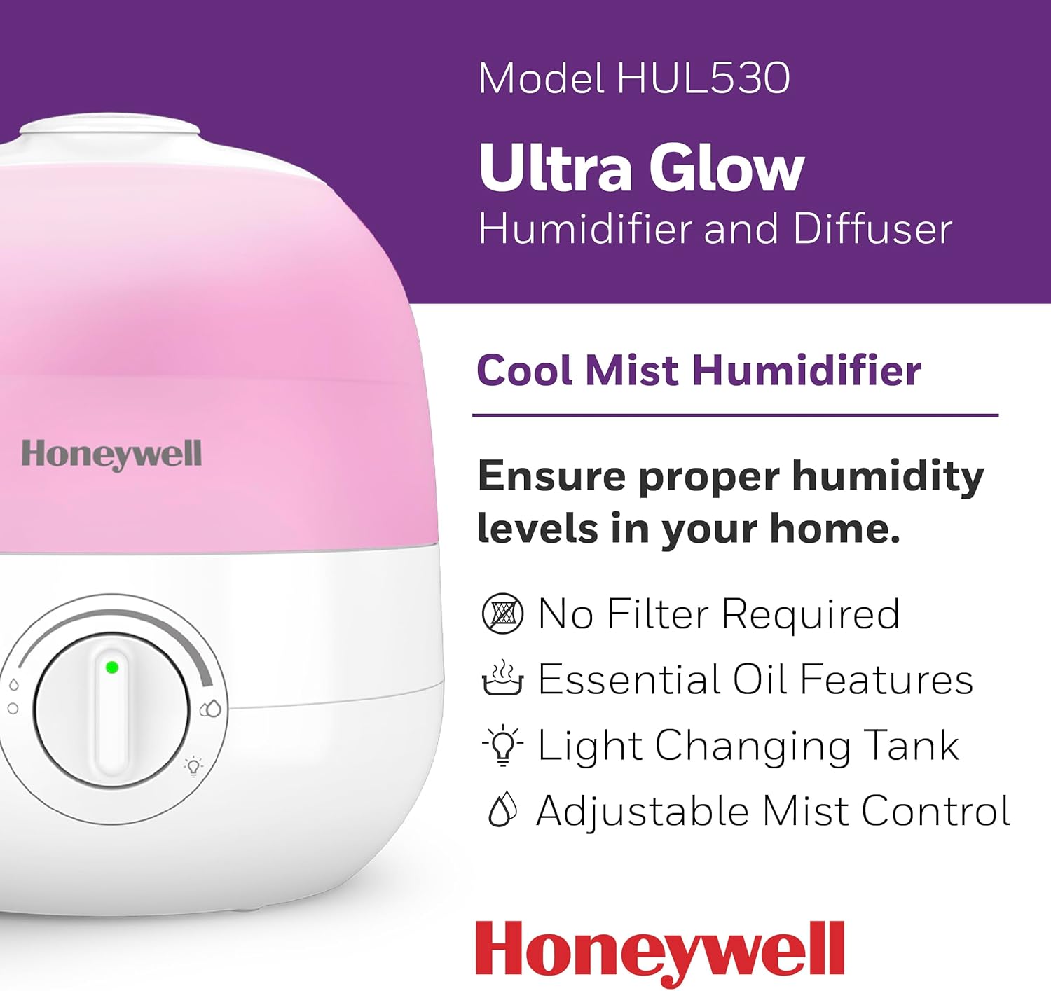 honeywell ultra glow light changing humidifier and diffuser – cool mist humidifier for bedroom or office with essential oil diffuser