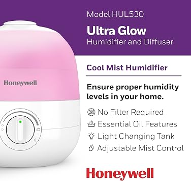 Honeywell Ultra Glow Humidifier and Essential Oil Diffuser, Filter Free Cool Mist Humidifier for Bedroom with Color Changing Tank Light