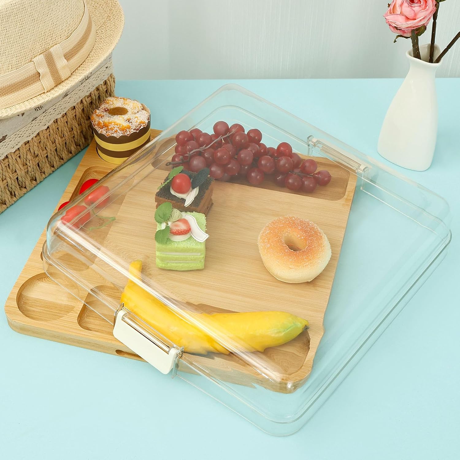2-in-1 Charcuterie Board with Locking Lid Travel, Travel Portable Bamboo Cheese Board for Kitchen, Multipurpose Covered Serving Tray with 5 Compartments for Kitchen New Home
