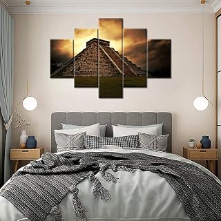 Wall Pictures for Living Room Aztec Civilization Ancient Ruins Paintings Maya Pyramid Vintage Artwork 5 Piece Canvas Wall Art Home Decor Stretched Framed Ready to Hang Poster and Prints(60"Wx40"H)