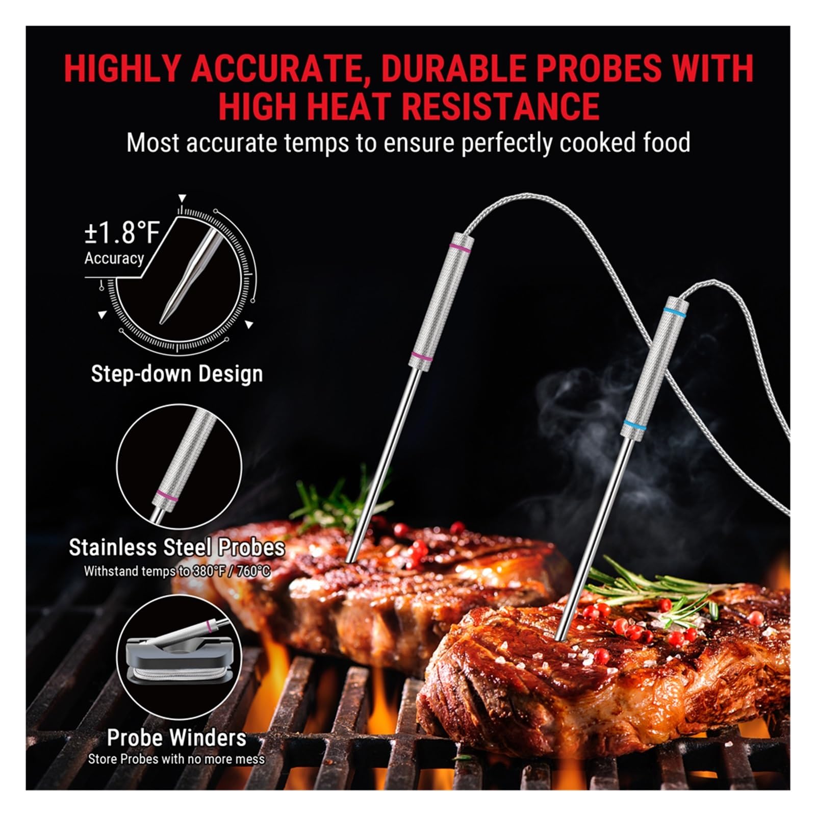 300M Wireless 4 Sonde Retroilluminazione Con Timer Barbecue Grill Forno Cucina Cottura Termometro Carne Preciso Veloce Monitoraggio In Tempo Reale