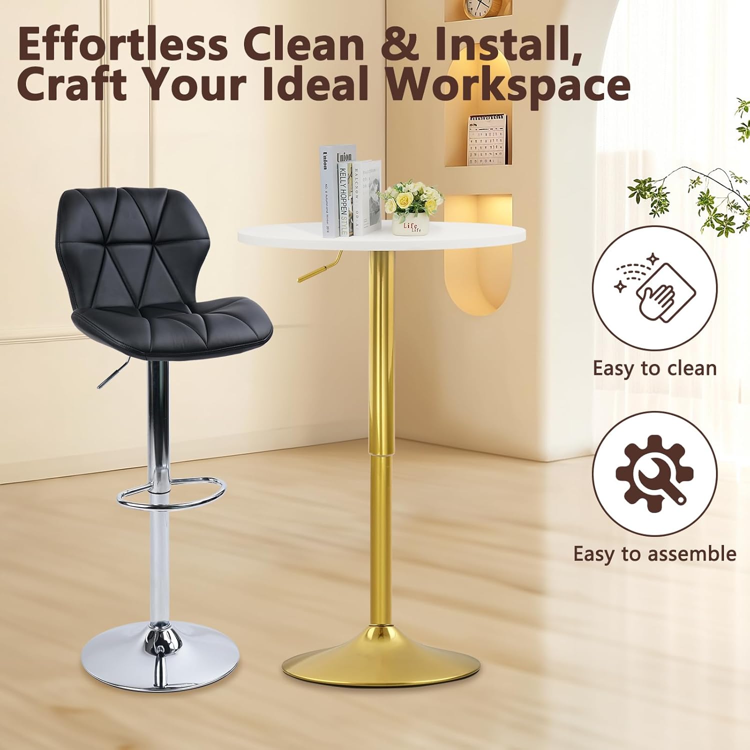 CLATINA Round Bar Table, Height Adjustable 26"-36" Bistro Pub Table with Gold Metal Base, 360° Swivel High Top Cocktail Table for Kitchen, Home, Restaurant, Cafe, Wedding, Party, Reception, White