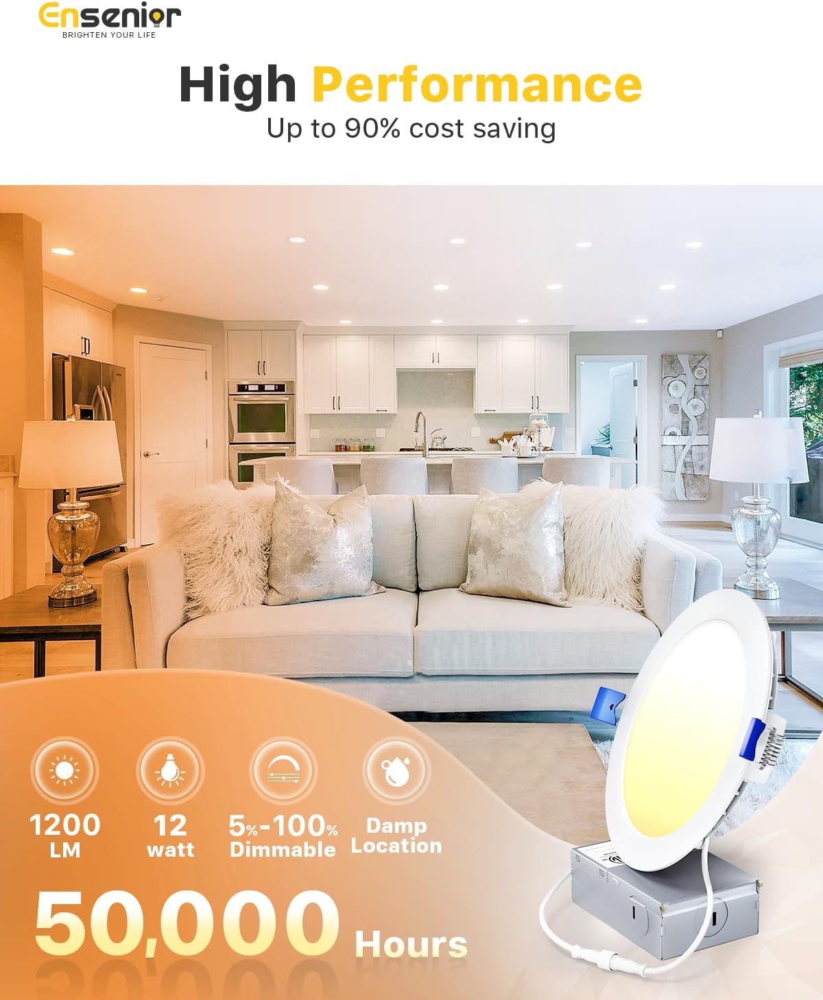 Ensenior 6 Pack 6 Inch LED Recessed Light, Dimmable, 2700K-5000K 5CCT, 1050LM High Brightness, 12W 120V, Damp Rated, Ultra-Thin Canless Wafer Ceiling Light - ETL & FCC & IC