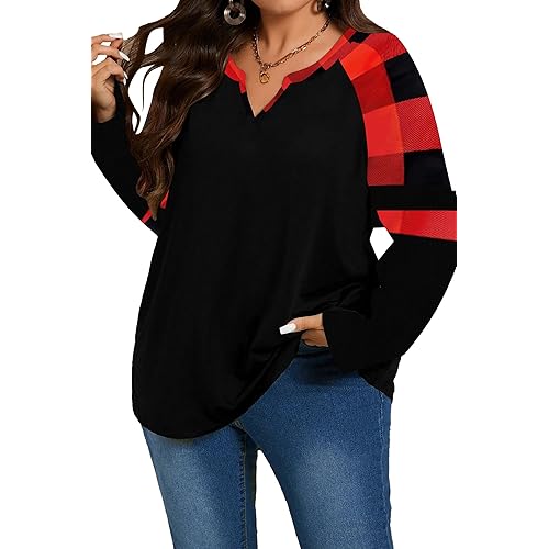 Plus Size Shirt for Women Long Sleeve Fall Tunic Tops Buffalo Plaid Leopard Blouse V Neck Tshirt XL-5XL