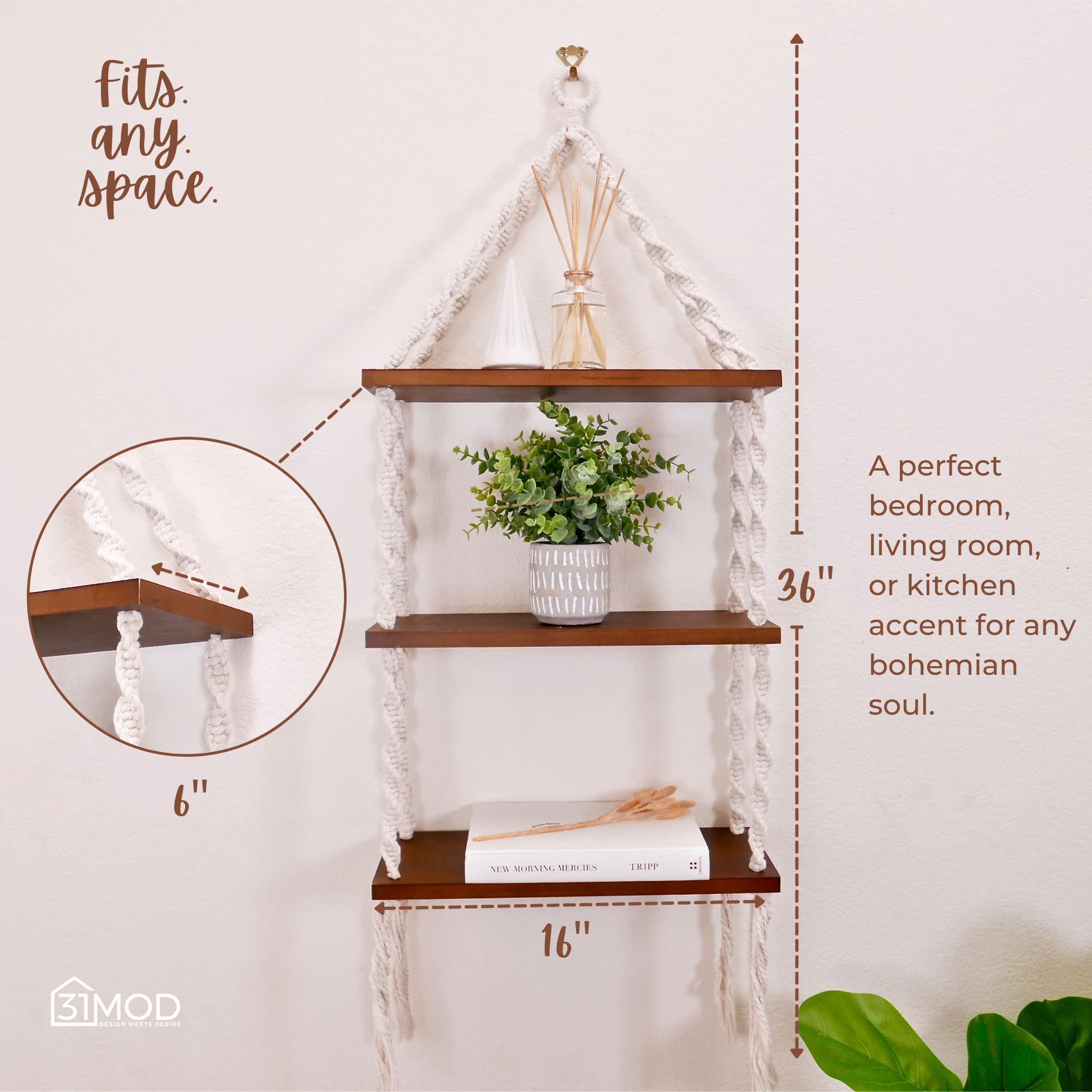 JOPSTDI - Estanterías Flotantes, Decoración De Pared De Recámara, Estante De Macramé, Instalación Sin Perforaciones, Hojas Decorativas Y Tira De Luz, Juego De 2 Estantes De Plantas.(Blanco