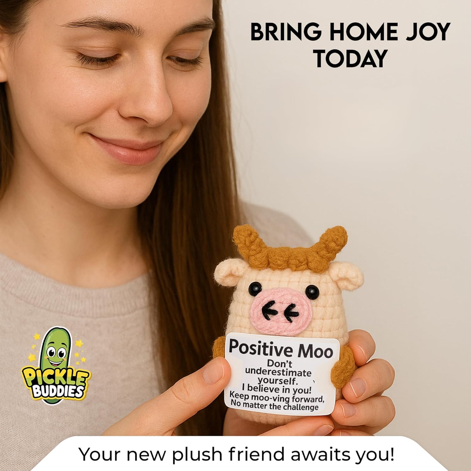 Positive Moo - Emotional Support Crochet Dolls Positive Crochet Animals Gifts Emotional Support Plush for Anxiety Stress Relief Crochet Cow Desk Decor Gift Coworker Family Friends - Image 6