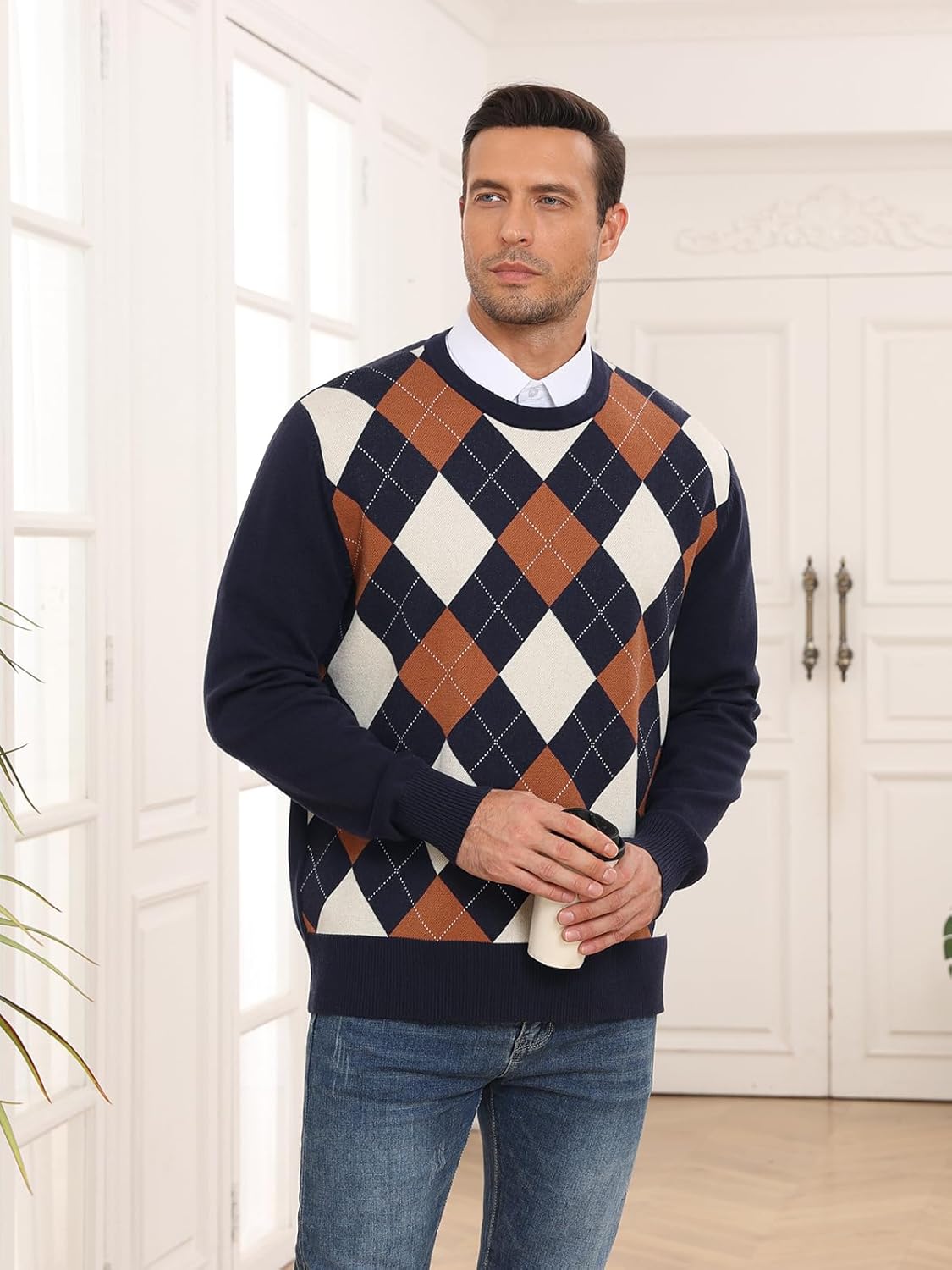 RQP Men's Crewneck Sweater Slim Fit Argyle Pattern Long Sleeve Knit Pullover Sweater for Casual Or Dressy Wear - Image 5