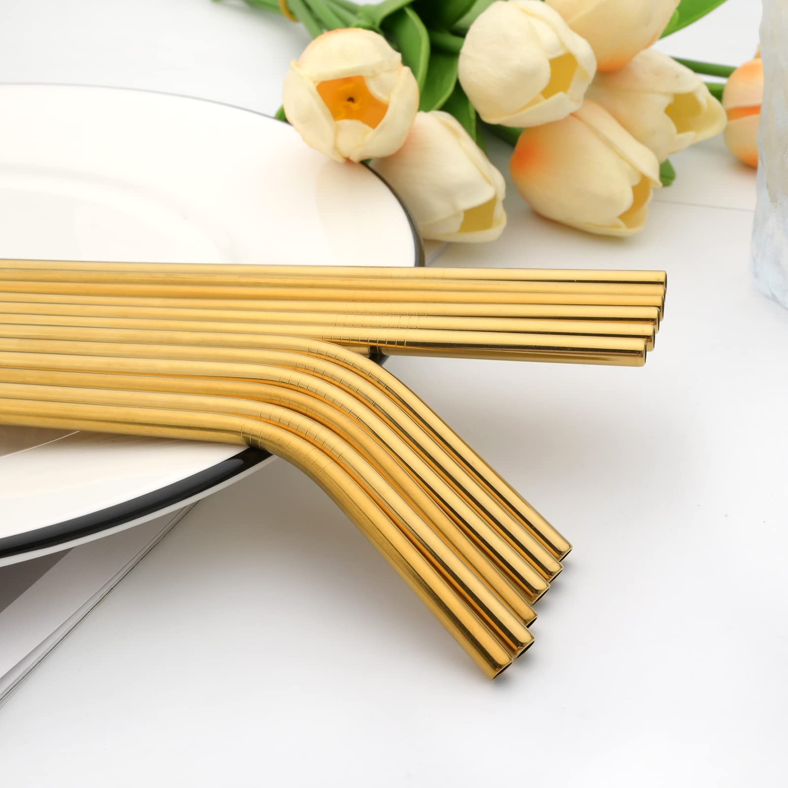 Snplowum 14pcs Straw Set With Clean Brush, 18/10 Stainless Steel Drinking Tool For Restaurant Party Daily Use, Resuable Drinkware Include 6 Straight, 6 Bent, 2 Brush