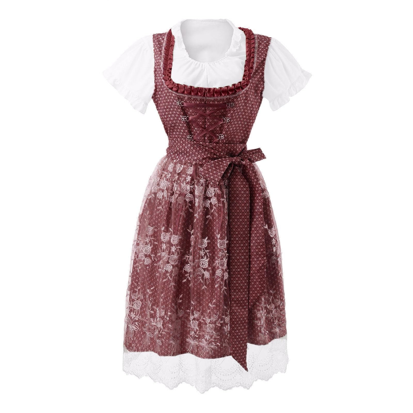 SKFLABOOF Dirndl Midi Damen 'Dirndl Gr 50 Oktoberfest Outfit Kurz Dirdnl Lang Trachtenrock Drindl Dirnsl Stretch Für Trachtenkleid Kleid Komplettset Ohne Schnürung Dindl 3 Teilig Drindel