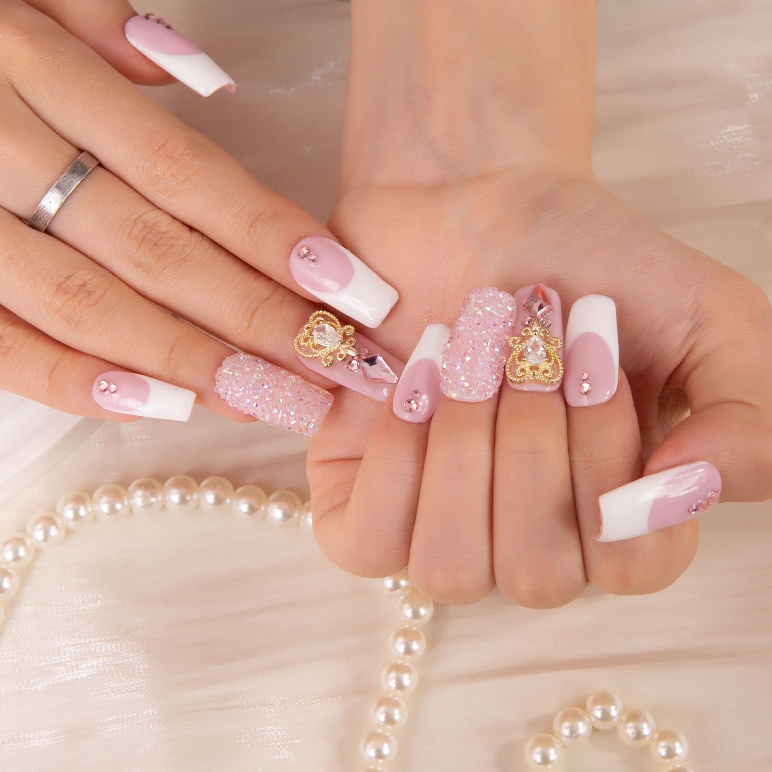 LOVFUL Press on Nails Sweet Elegance| Handmade with Full Covered Crystals | Reusable Fake Nails | Square Regular 1.0 in | H34-L image 3