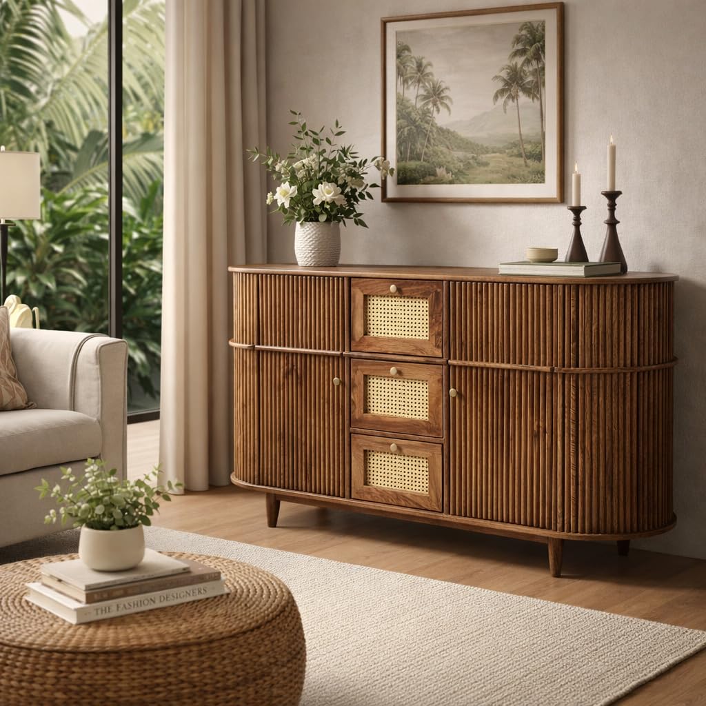 RIBBED Mango Solid Wood Cane Sideboard Cabinet | Mid-Century Modern Storage Sideboard with 3 Drawers & 2 Door Cabinets | Wooden Buffet Cabinet for Living Room, Dining Area & Hallway (Brown)-image-44