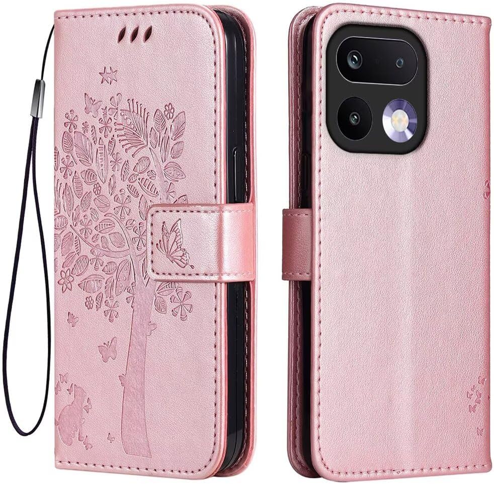 Topme Leather Case for Realme 16 Pro 5G 6.78 Inches Cat and Tree Pattern Style Mobile Phone Case - Rose Gold