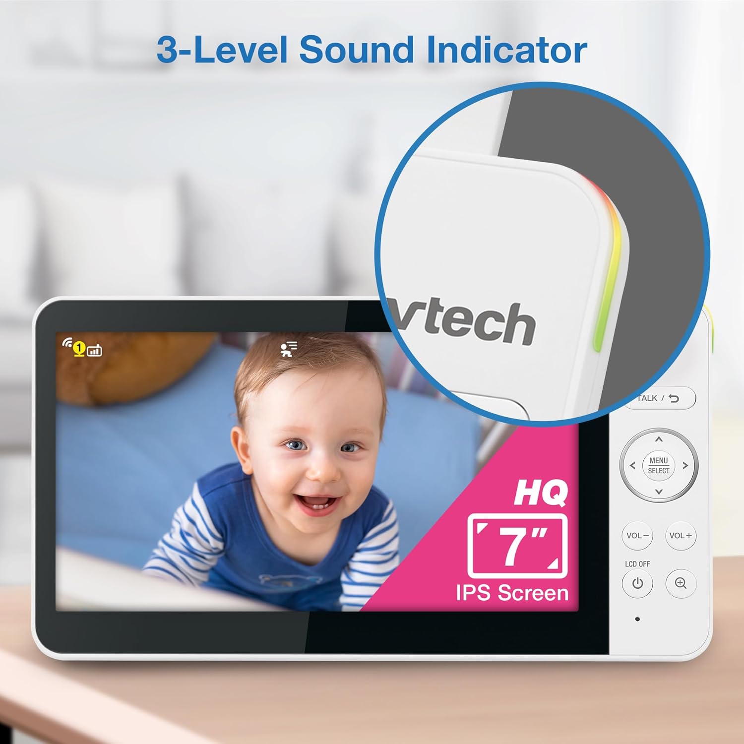 VTech parent unit showing a baby's face with a 3-level sound indicator on the side.