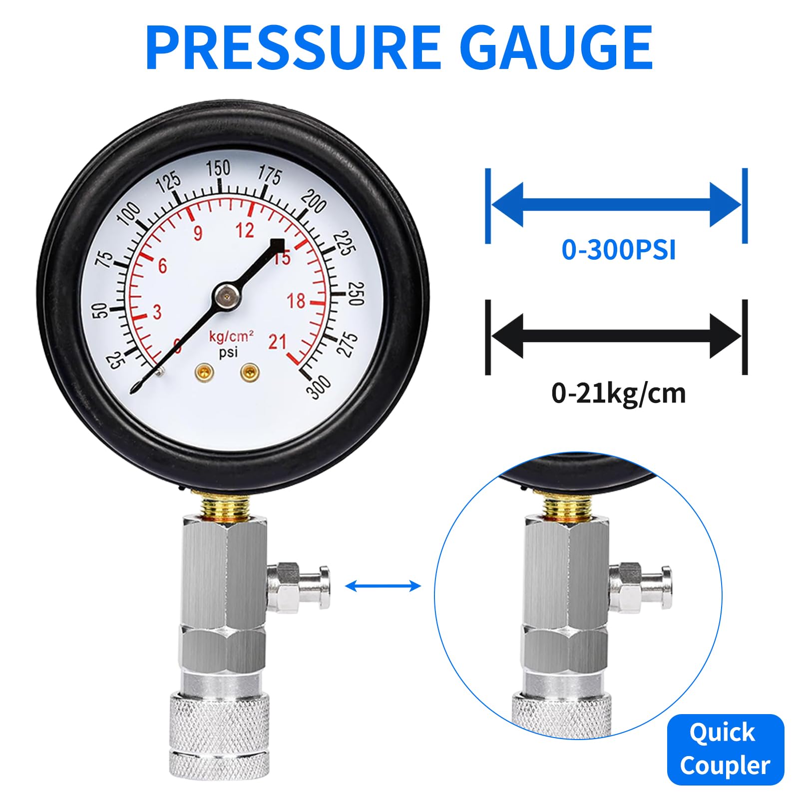 Zorplex Kompressionstester Set mit Manometer 0-21 Bar / 0-300 PSI, Kompressionsmessgerät für KFZ Auto Motorrad LKW Benzin Motor, Inkl, 4 Adapter M10 M12 M14 M18, Kompressionsprüfer Werkzeug (Blau)