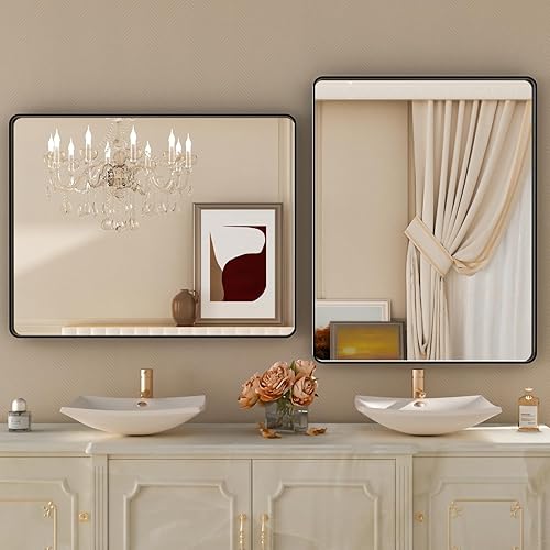 Miniatura 3 de Espejo de baño con marco negro de 24 x 32 pulgadas, espejo de tocador con marco de metal mate, esquina redonda, granja, espejo rectangular