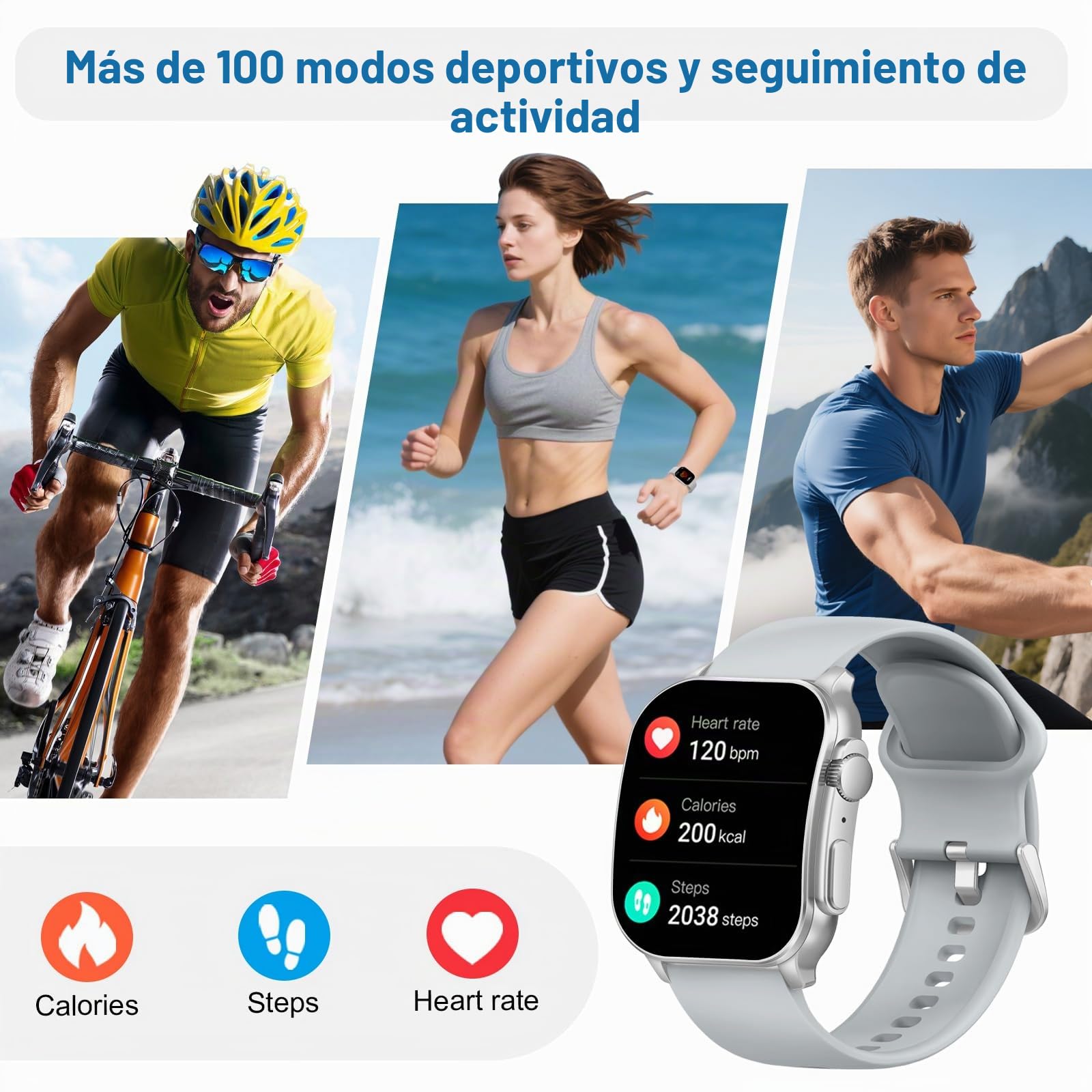 Reloj Inteligente Mujer Hombre, 2.01" HD Smartwatch, Llamadas Bluetooth Smart Watch con Pulsómetro/Monitor de Sueño/Podómetro, 110+ Modos Deportivos, IP68 Pulsera Actividad para Android iOS, Gris
