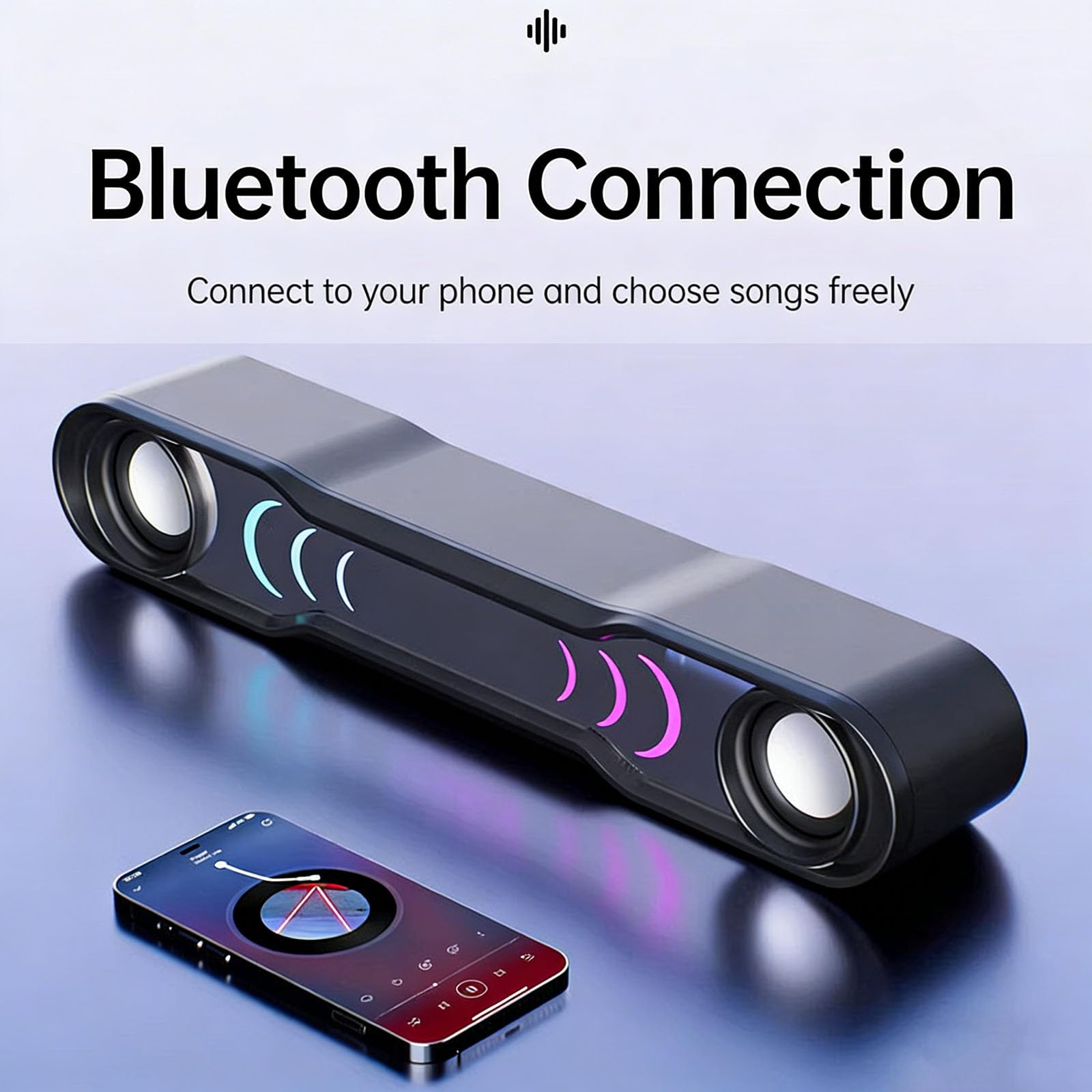 Soundbar Bluetooth, głośnik komputerowy USB, dwukanałowe stereo, oświetlenie RGB, złącze AUX, do komputerów stacjonarnych, laptopów, odtwarzaczy MP4, Plug & Play