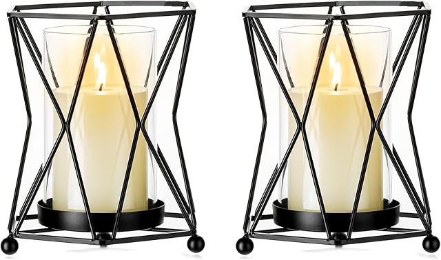 NUPTIO 2 Pcs Pillar Candle Holder Glass Flower Vase with Metal Holder Dual Uses, Glass Hurricane Candle Holders for Bathroom Dining Table Decoration, Black Candle Holders for Halloween Thanksgiving