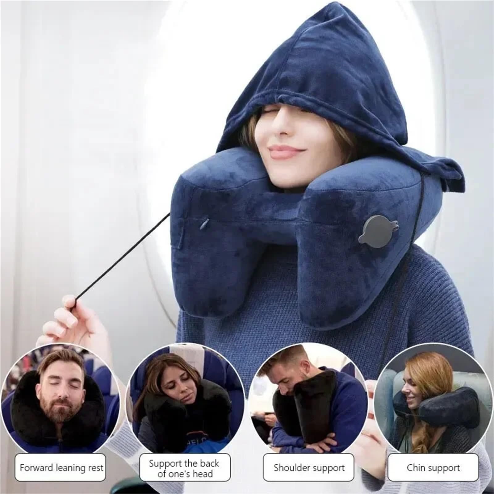 Almohada inflable con capucha para viaje en forma de U, para el cuello, para exteriores, coche, avión de larga distancia (azul)
