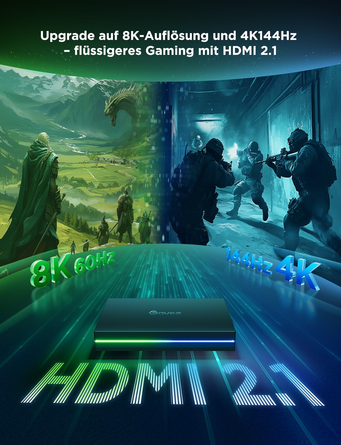 Govee HDMI 2.1 Sync Box AI Kit 2, inkl. TV Hintergrundbeleuchtung | Unterstützt 8K@60Hz, 4K@144Hz, VRR und ALLM, funktioniert mit Matter, RGBIC LED Strip für 55-65 Zoll Fernseher, 75 LEDs/m