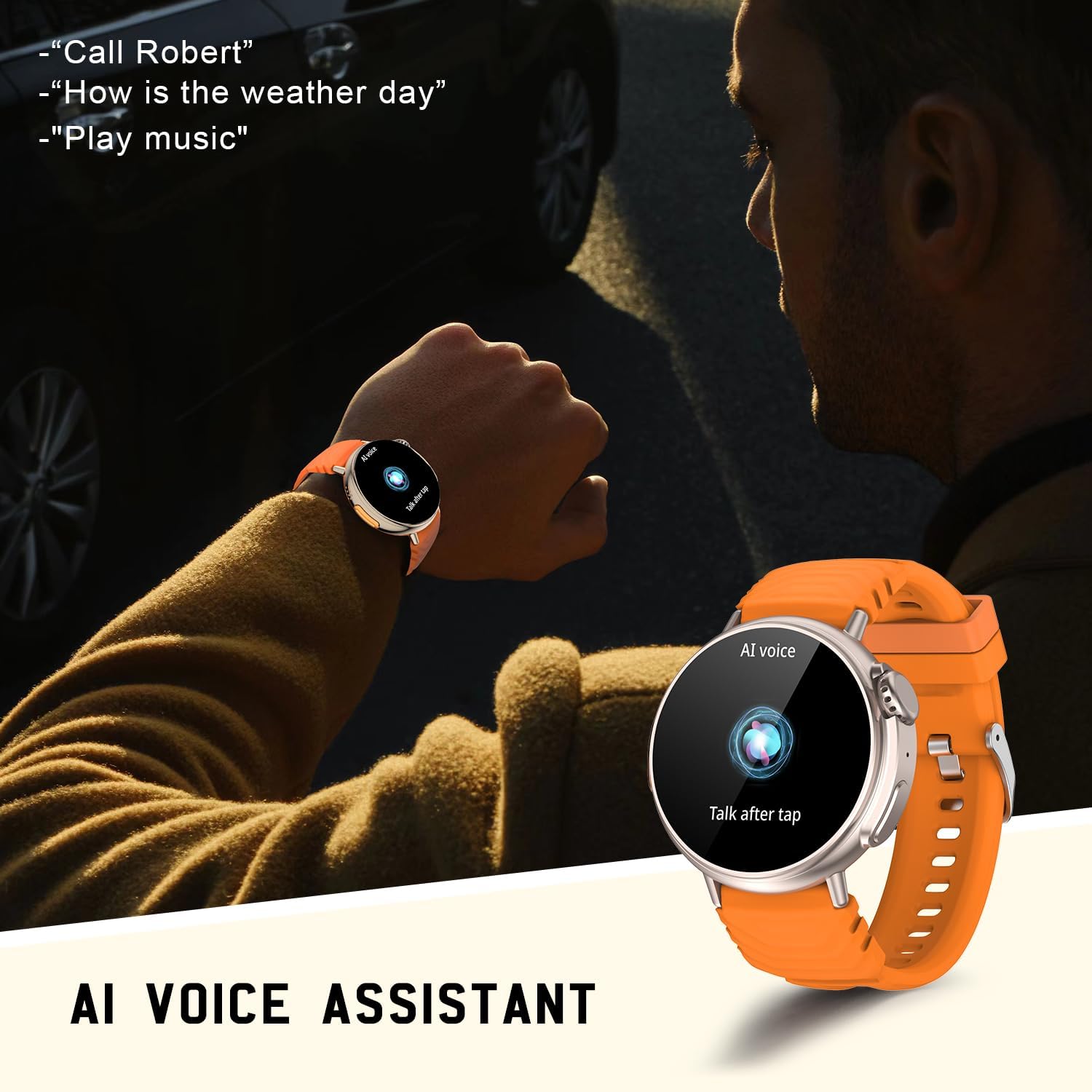 Person interacting with the AI Voice Assistant on the AMZSA GT88 Smartwatch, with the watch displaying 'Talk after tap'.