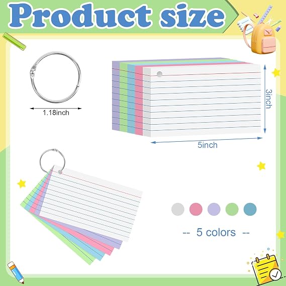 250 Count Colored Index Cards 3x5 Inch Flash Cards Note Cards with Ring | 180gsm Heavy Weight Flashcards, Portable Note Taking for Students, College Supplies, Nursing School Essentials