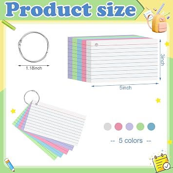 250 Count Colored Index Cards 3x5 Inch Flash Cards Note Cards with Ring | 180gsm Heavy Weight Flashcards, Portable Note Taking for Students, College Supplies, Nursing School Essentials