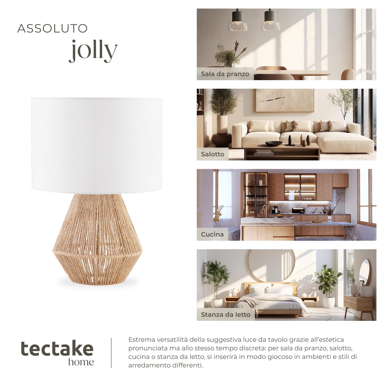 tectake® Lampada Da Tavolo, Lampada Da Scrivania, Lampade da Comodino In Juta, Abat Jour con accenti Luminosi Stile Boho, 60W, E27, Paralume Struttura in Acciaio, Base In Cemento - Ø 32 x 45 cm