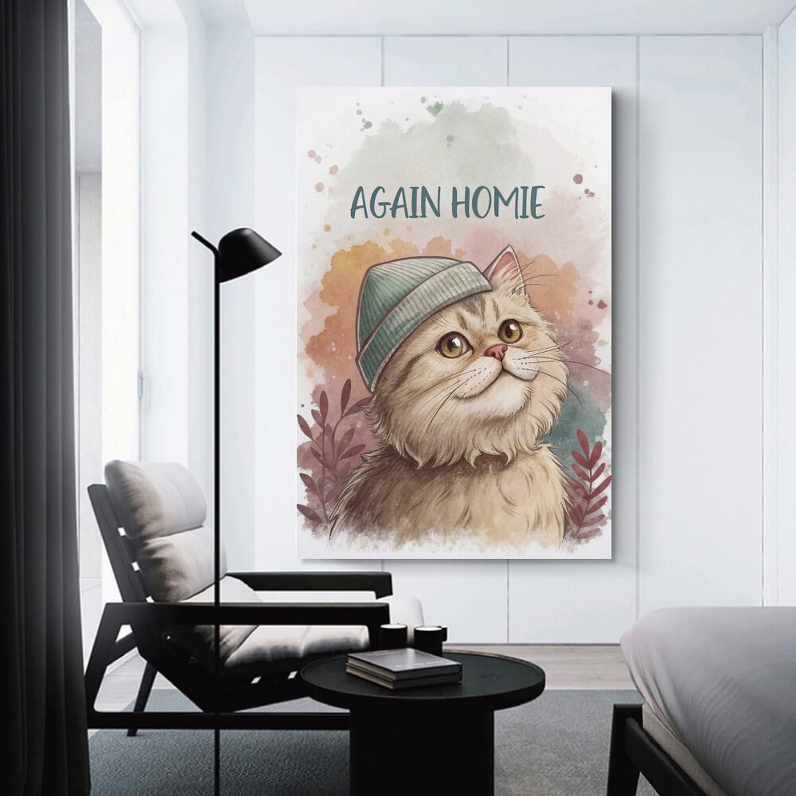 Junmoney Cute Cat Wearing A Beanie Room Decor Wall Art, 24x36inch(60x90cm), for Bedroom Walls, Guest Spaces Or Lounges, Stylish Decor for A Restful Room Update