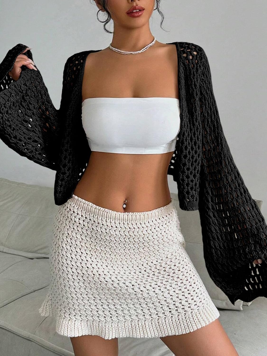 Amarmia Women's Crochet Cropped Cardigan Sweaters Hollow Out Flared Long Sleeves Open Front Spring Summer Sweater Coats