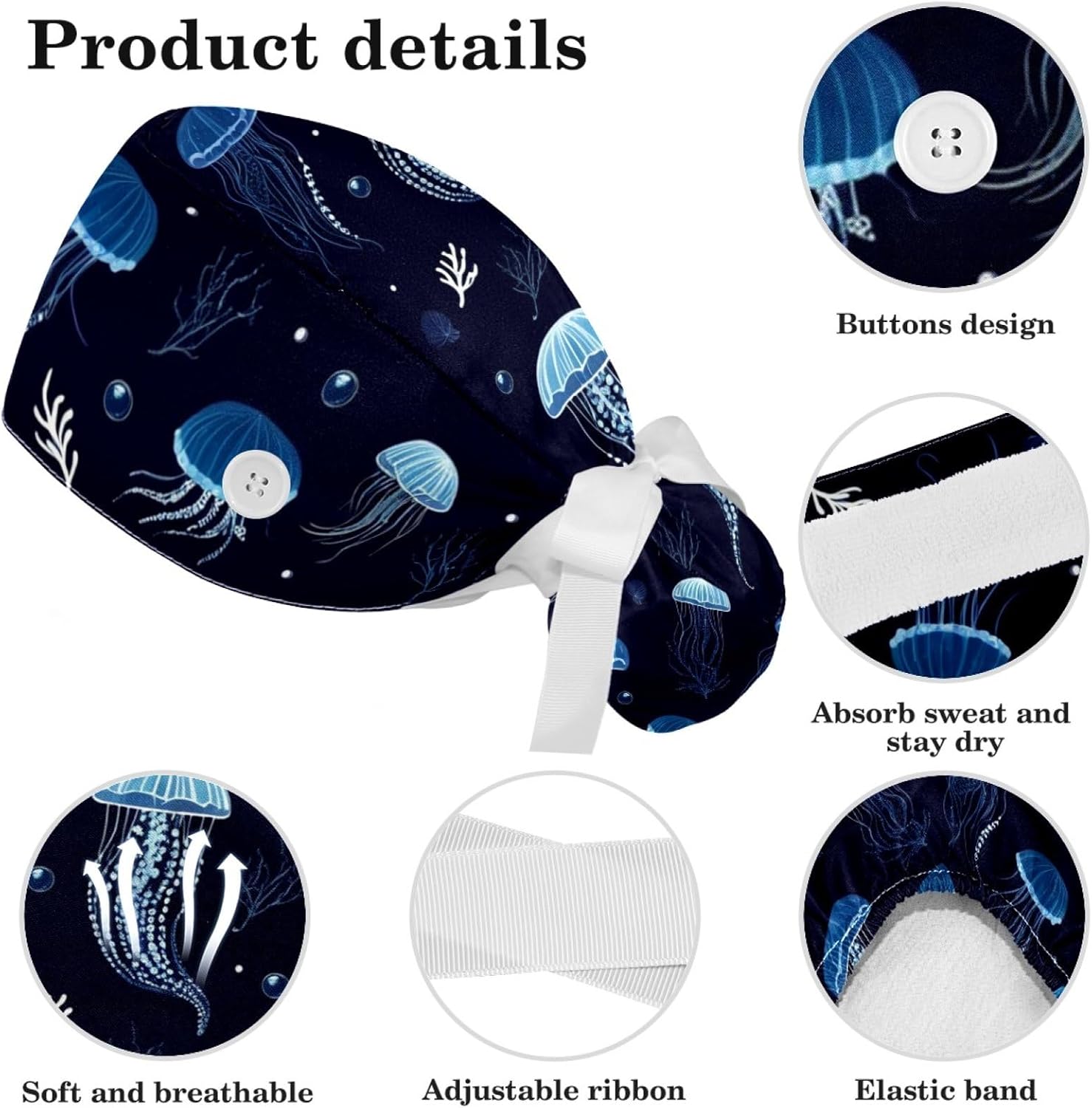 Scrub Caps Women Nursing Hats Jellyfish Animal with Buttons Ponytail Working Adjustable Pouch Tie Back - Image 4