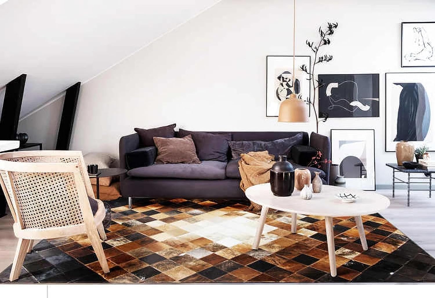 R&RENXIA Tapis en Peau de Vache Fait à la Main, Patchwork Marron, en Cuir véritable de qualité supérieure, pour Salon et Chambre à Coucher,120cm×180cm